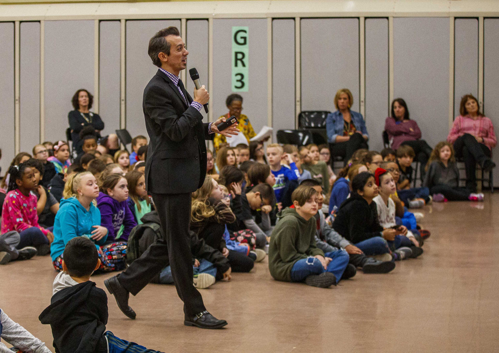 Meteorologist Joe Martucci at Frog Pond Elementary School
